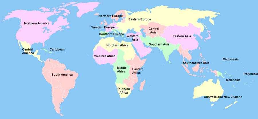 Карта макрорегионов мира (ООН) / Источник: Wikimedia Commons